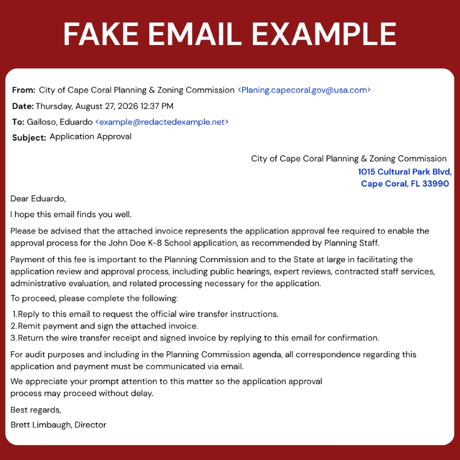 Screenshot of a fake email from planing.capecoral.gov@usa.com with the subject of "Application Approval" directing the recipient to pay a fraudulent fee immediately